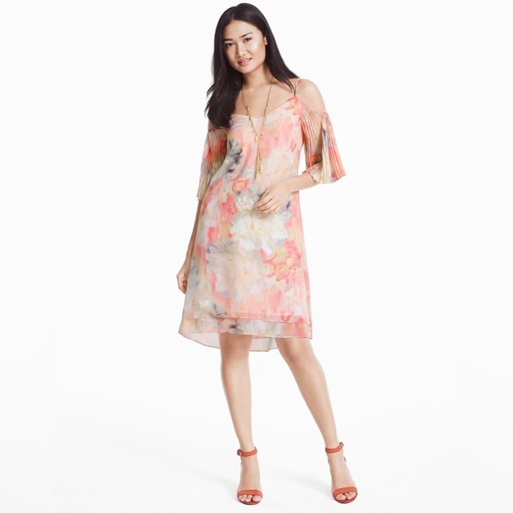 White House Black Market Cold Shoulder Pleat Sleeve Watercolor Dress Sz 2 NWT